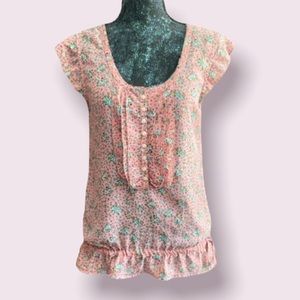 MUDD Pink Floral Ruffle Button Cap Sleeve Blouse